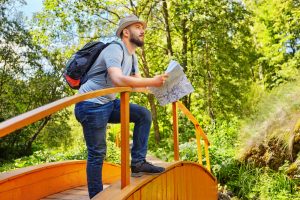 Turista em local repleto de árvores